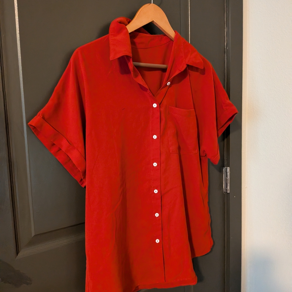 Red Short-Sleeve Button-Up Shirt - Women's Top - Picture 4 of 5